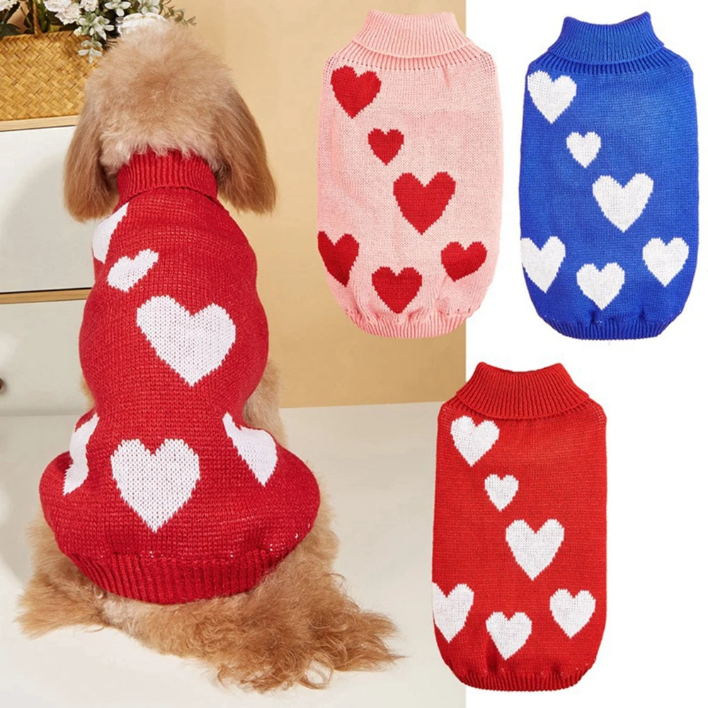 Cute Dog Sweater Heart Pattern Warm Pet Jumper Cat Puppy Coat Jacket Winter Clothes High Collar Knitwear For Cat Small Big Dog