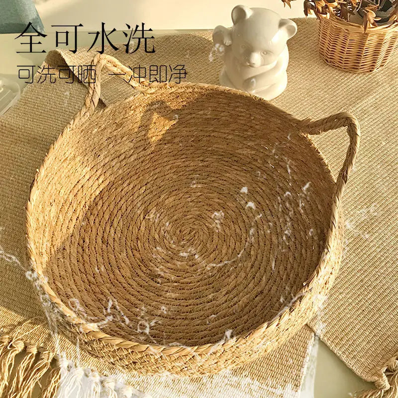 Rattan Weaving Cat Basket Pet Cat Bed With Cushion Soft Warm Puppy Kitten Bed Donut Round Comfortable Sleeping Cat House