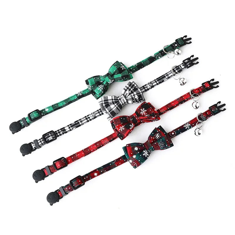Christmas Bowknot Cat Small Dog Collar with Bell Plaid Snowflake Adjustable Breakaway Pet Puppy Kitten Buckle Necklace