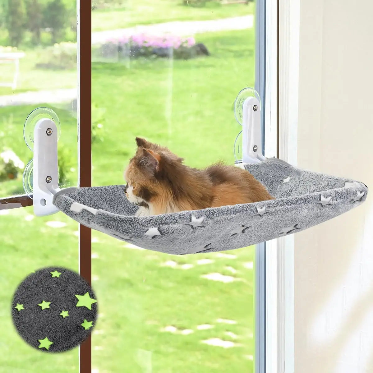 Glow in The Dark Cat Window Perch, Foldable Pet Hammock Bed with Sturdy Metal Frame and Glowing Stars Pattern for Indoor Cats