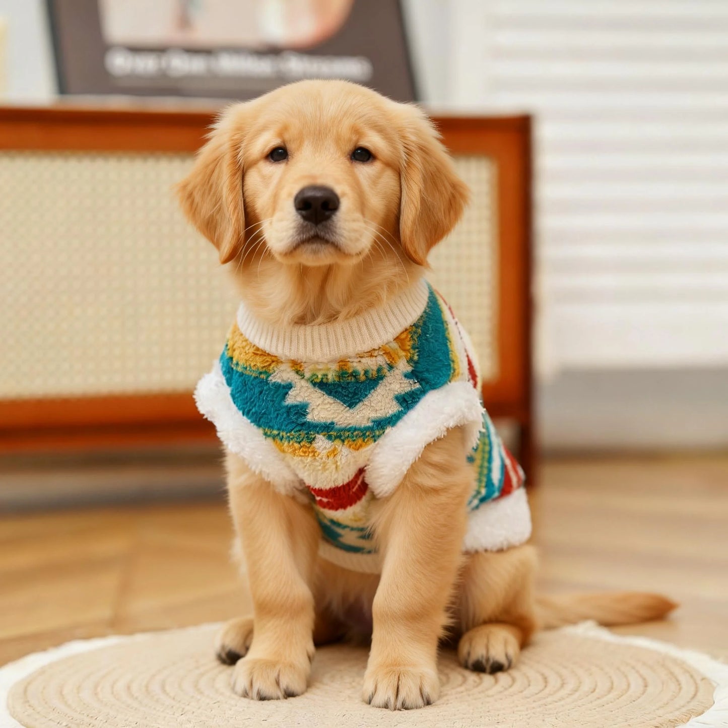 Dog Cat Vest - Winter Warm Plush Sleeveless Jacket, Nordic Knit Pattern Pet Coat, Cozy Fleece Lined Puppy Kitten Appar