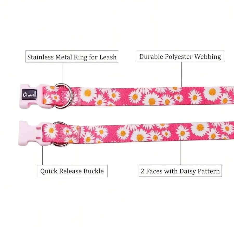 Collar And Leash Set, Cute Pink Daisy Pattern, Polyester Material, 5ft Leash, For Small Dogs. Small, Pink Daisy