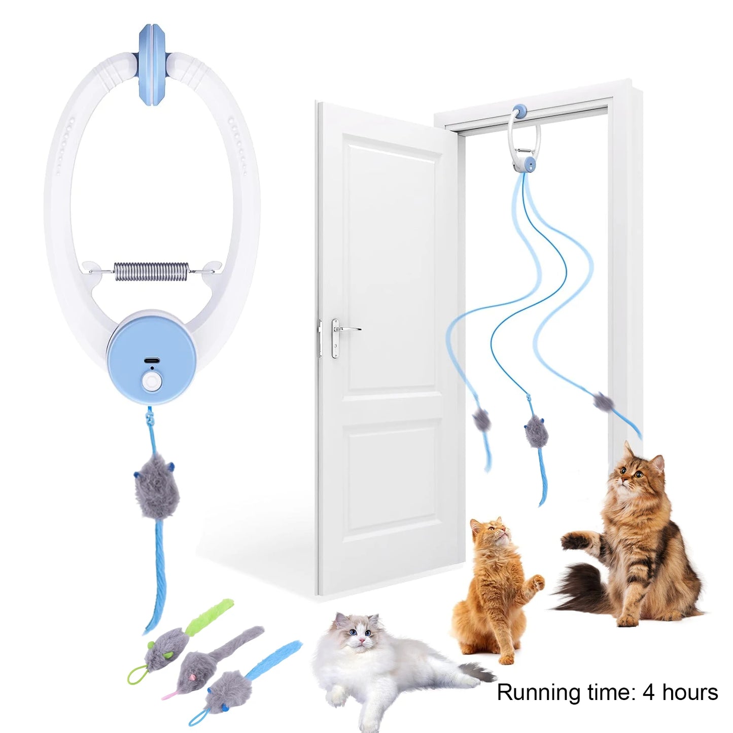 Automatic Retractable Cat Toys Door Hanging with 3 Catnip Mice Teaser Electronic Self Play Feather Cat Interactive Toy Cat Tease