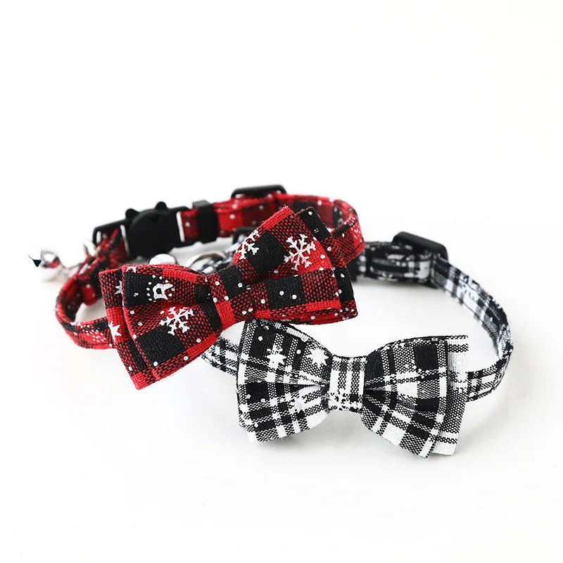 Christmas Bowknot Cat Small Dog Collar with Bell Plaid Snowflake Adjustable Breakaway Pet Puppy Kitten Buckle Necklace