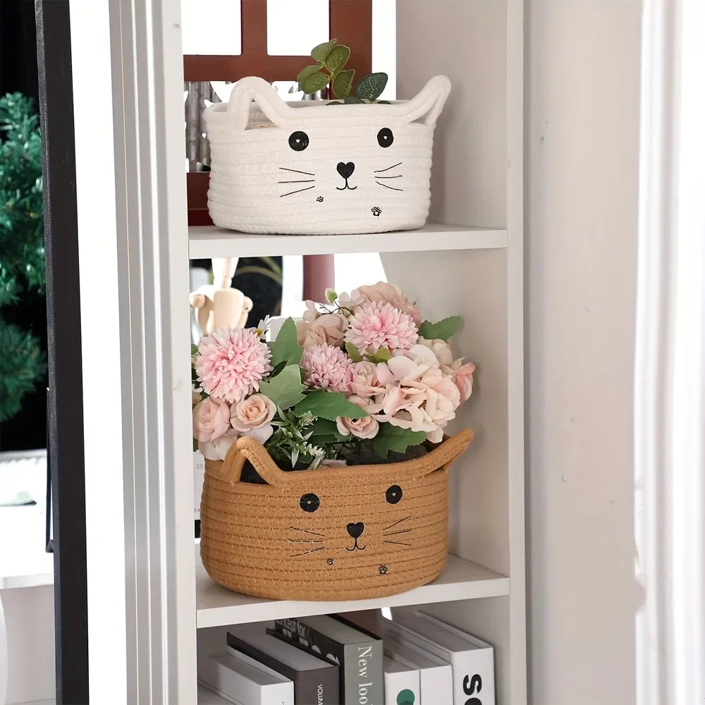 Cat Basket Storage Woven Basket Organizer with Ears Decorative Pet Toy Cute Cotton Rope Basket for Gift Cat Dog Toy Bin