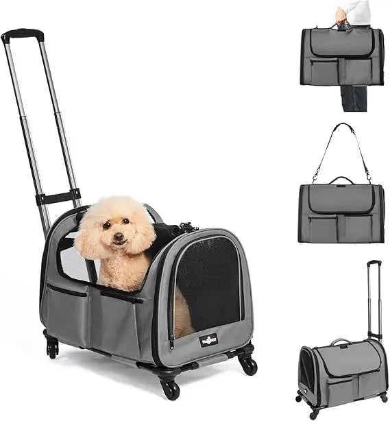Pet Carrier with Wheels, Foldable Rolling Dog Carrier with Big Pocket, Cat Rolling Bag 21x13x13 for 2 Cats & Dog