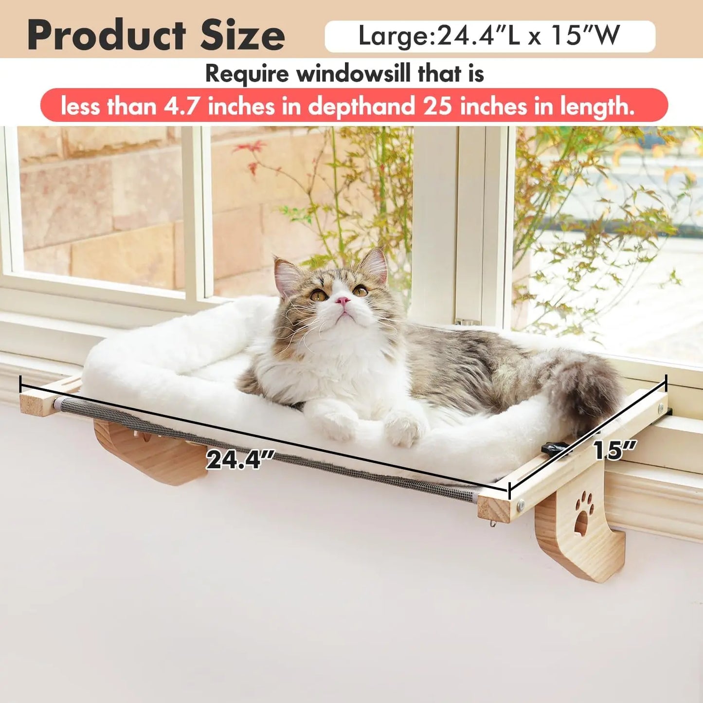 Sturdy Hammock Seat with Cushion Bed Cover, Wood & Metal Frame for Large Cats, Easy To Adjust Windowsill, Bedside, Drawer