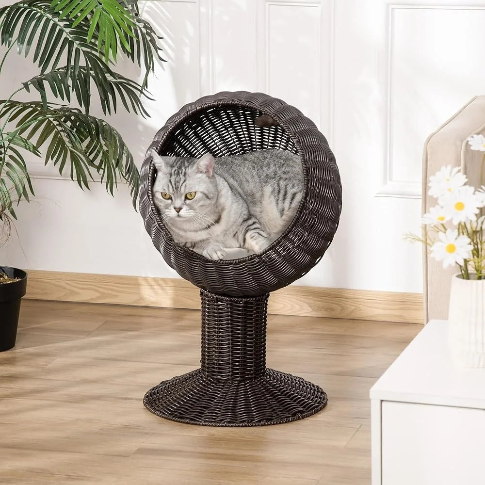 Elevated Cat Bed Rotatable Egg Chair Pod Natural Grass Woven Kitty House with Thick Cushion Cozy Basket Napping Space