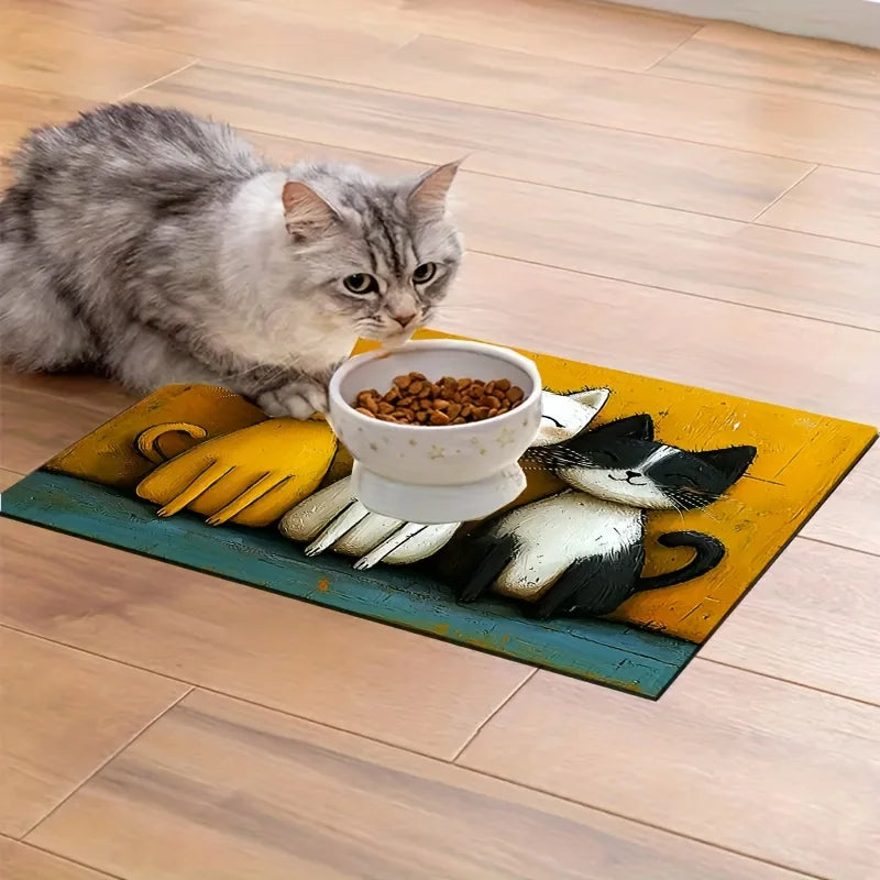Non-Slip Cat Pattern Pet Feeding Mat, Cute Design with Leakproof Easy Clean Waterproof Surface to Prevent Floor Contamination.