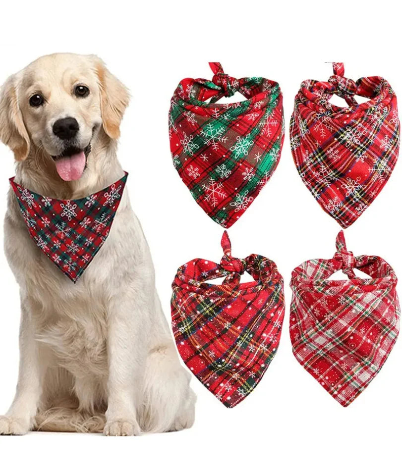 Dog Bandanas Large Pet Scarf Christmas Snow Print Dog Cotton Plaid WashableBow Ties Collar Cat Dog Scarf Large Dog Accessories