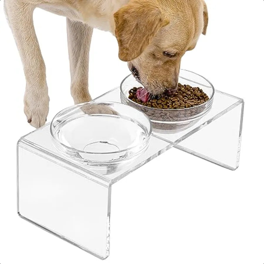 Acrylic Elevated Dog Cat Bowls Pet Feeder Double Bowl Raised Stand Comes with 2 Removable Glass Bowls and 2 Stainl Steel Bowls.