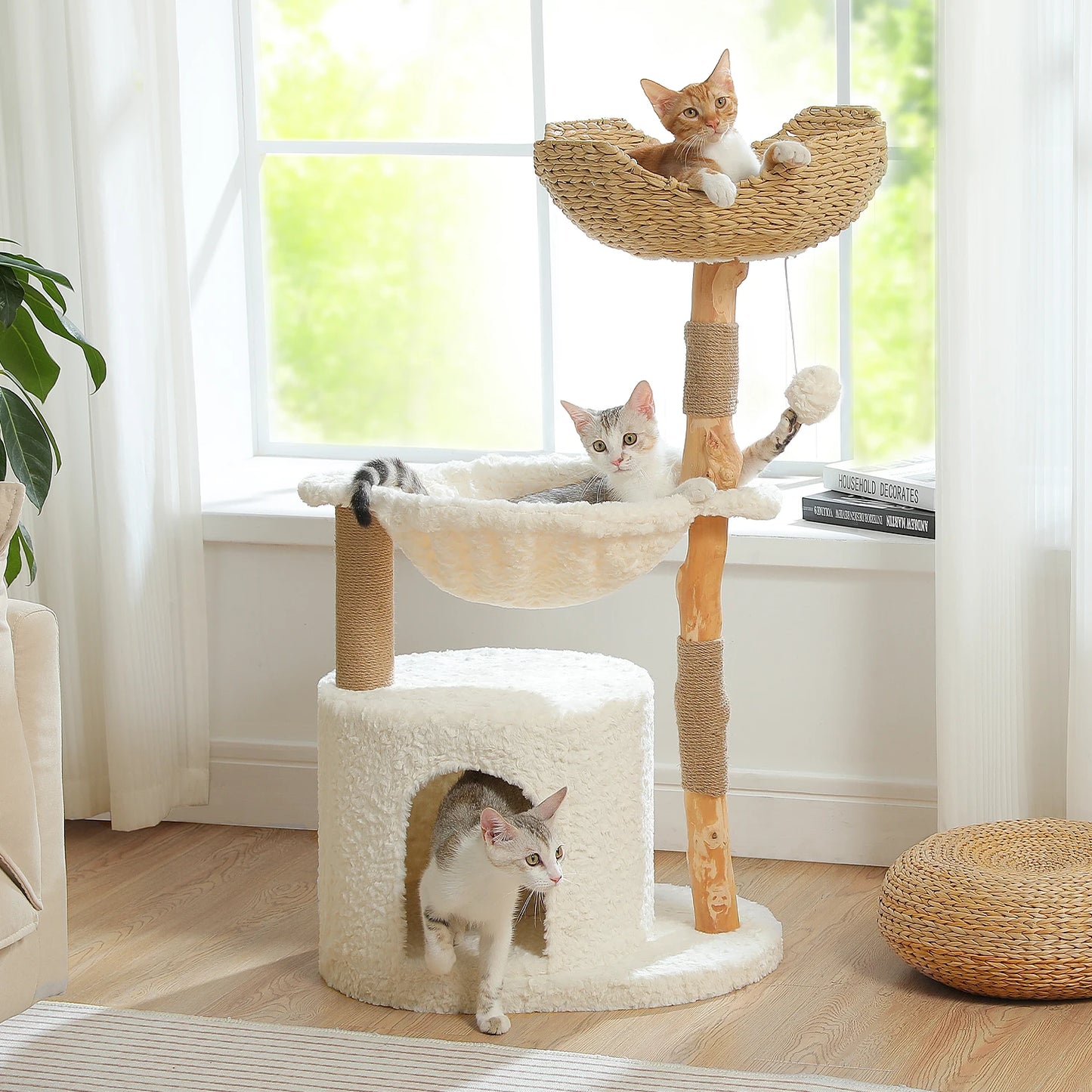 Functional Modern Cat Tree Tower with Large Woven Wicker Basket,Cozy Hammock,Natural Solid Wood Scratching Post, Cat Accessories