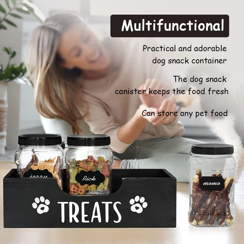 Wooden Dog Food Storage Holder with 3 Plastic Treat Jar Airtight Dog Treat Bin Large Capacity for Pet Gift Supply Accessories