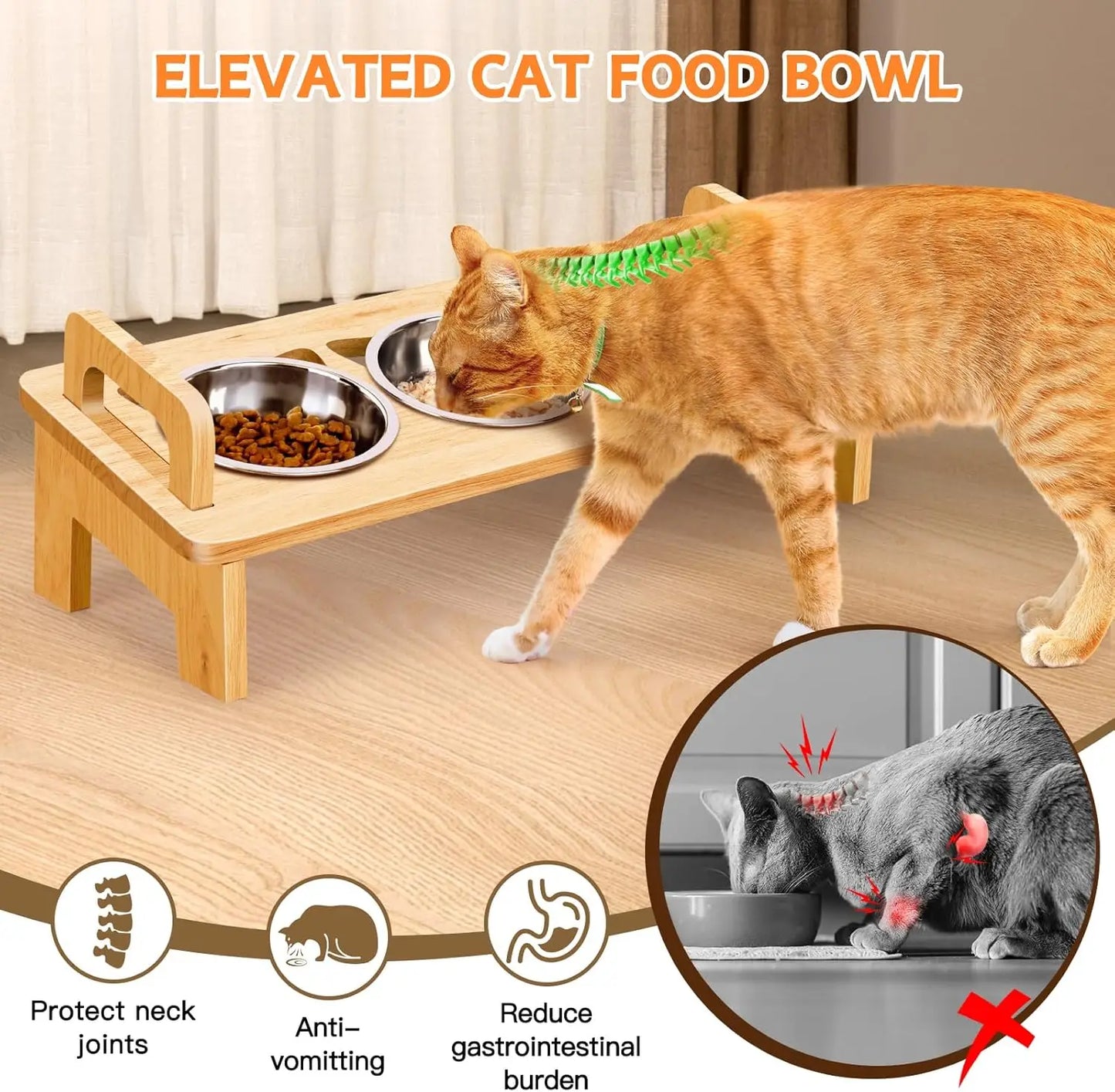 Elevated Cat Food Bowl with 3 Stainless Steel Bowl for Indoor Feeding Bowls Anti Vomitting Raised Pet Feeder Small Cats Bowls