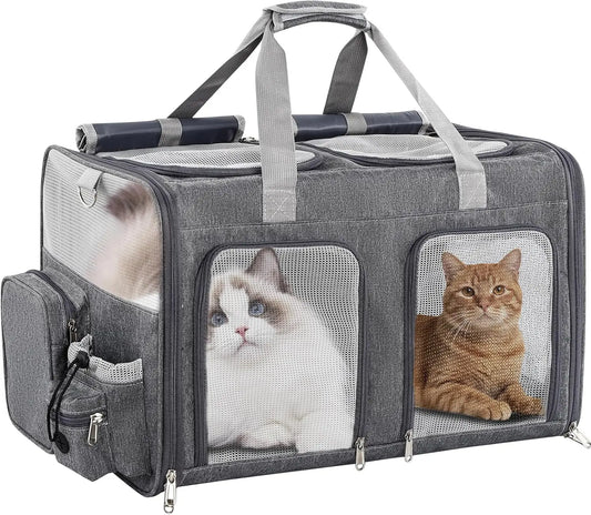 Double Cat Carrier Extra Large, Dual Cabin Pet Travel Bag with Removable Divider, Collapsible for Two Small Cats or Medium Dog