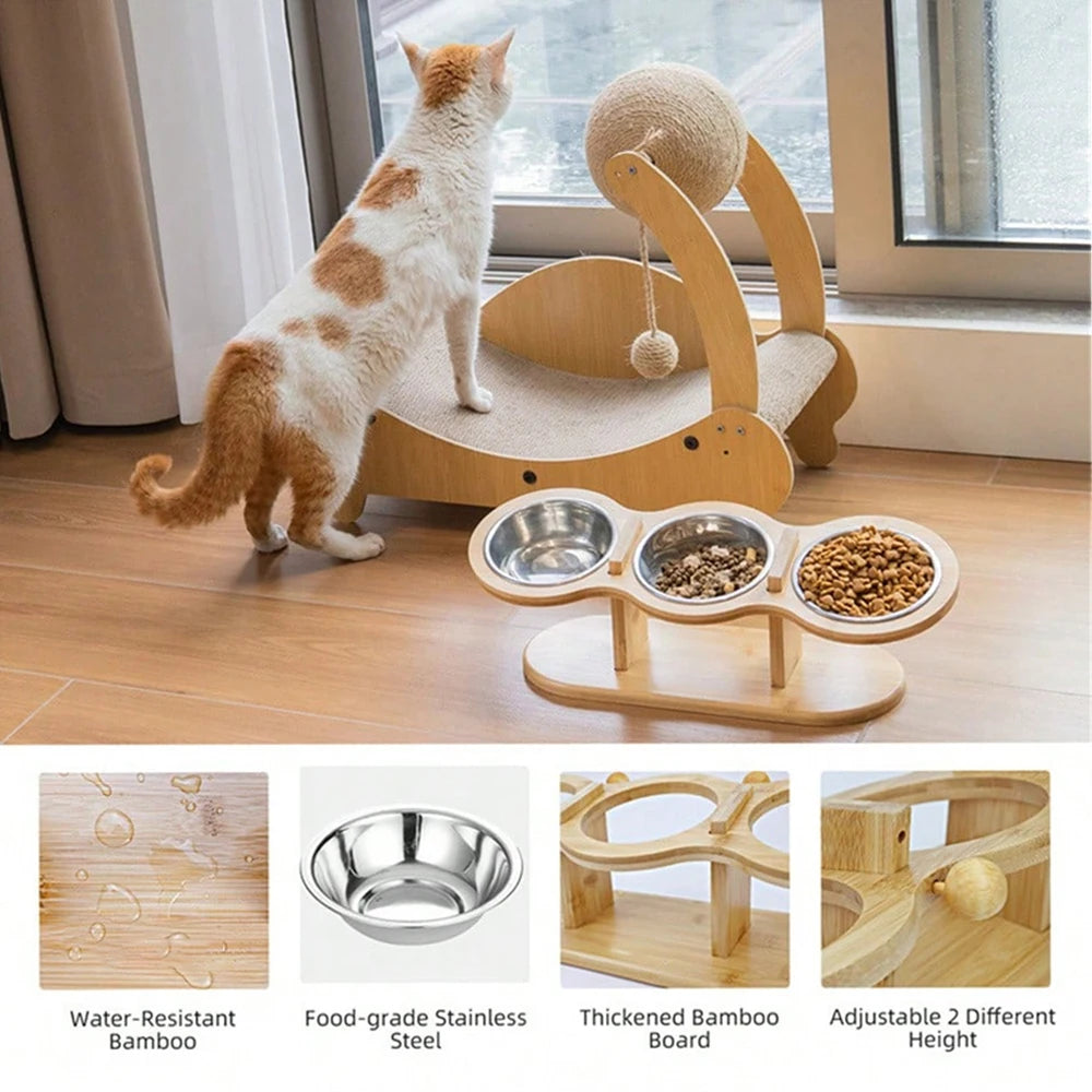 Cat 3 Bowls in 1 Feeder Feeding & Watering Supplies Food Bowl 15-Degree Tilt Raised 3 Stainless Steel Bowls Wood Brackets Puppy