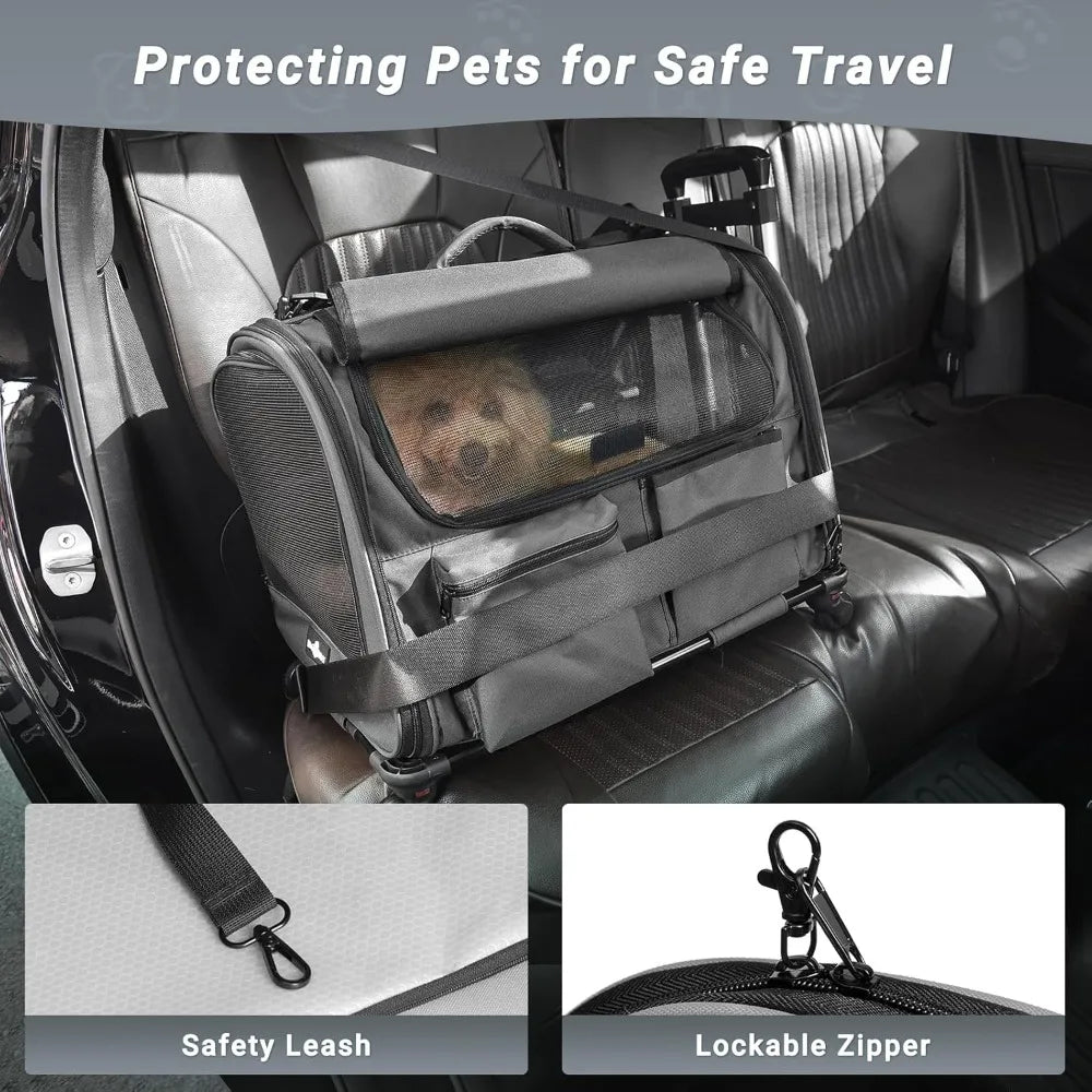 Pet Carrier with Wheels, Foldable Rolling Dog Carrier with Big Pocket, Cat Rolling Bag 21x13x13 for 2 Cats & Dog