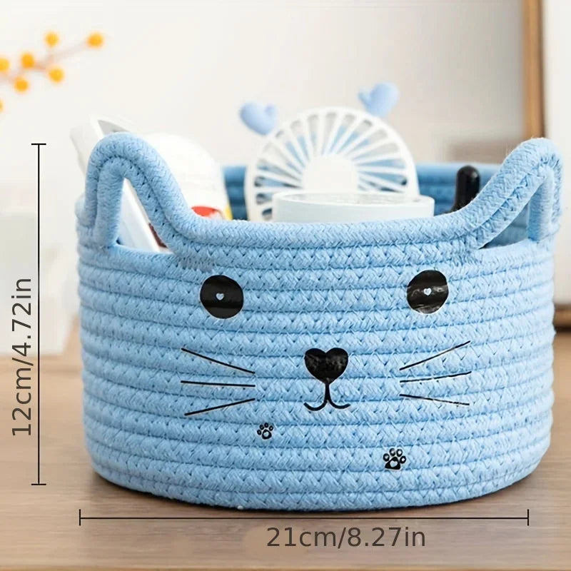 Cat Basket Storage Woven Basket Organizer with Ears Decorative Pet Toy Cute Cotton Rope Basket for Gift Cat Dog Toy Bin