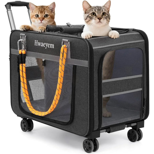 Pet Carrier with Wheels, Rolling Carrier for 2 Cats or Medium Dog, 24 X 15 X 17 Portable Crate for L
