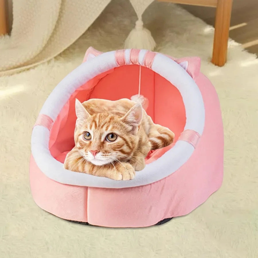 Warm Cave Nest Sleeping Bed for Indoor Cats and Small Puppies Cozy Pink Pet Bed with Soft Fleece Interior Ideal for Indoor Use