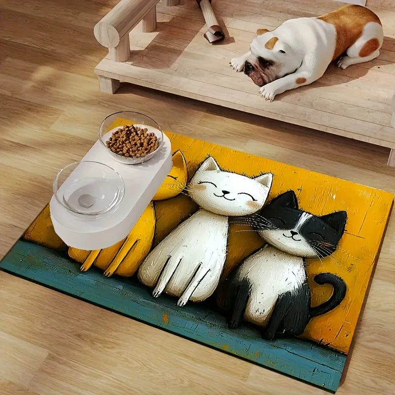 Non-Slip Cat Pattern Pet Feeding Mat, Cute Design with Leakproof Easy Clean Waterproof Surface to Prevent Floor Contamination.