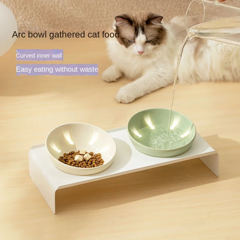Ceramic Beveled Double Bowl Pet Cat Bowl Dog Drinking Bowl with Iron Frame Anti-Knock Neck Protection Pet Supplies Accessories