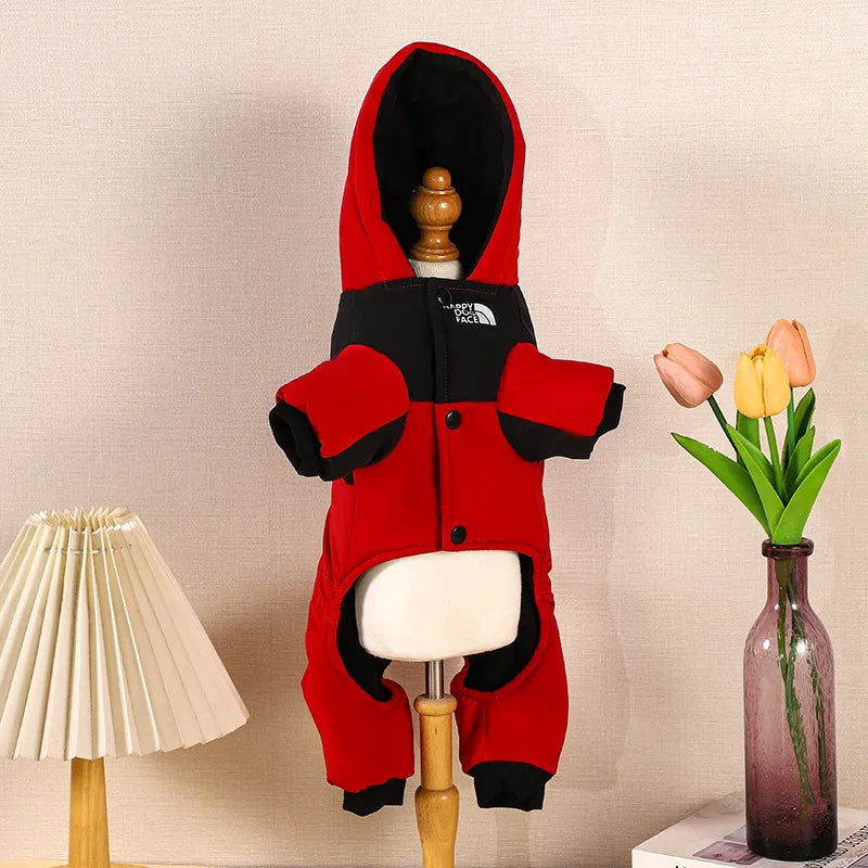 New winter dog clothes with fleece and thickened cotton coat, warm hooded four-legged pet clothing