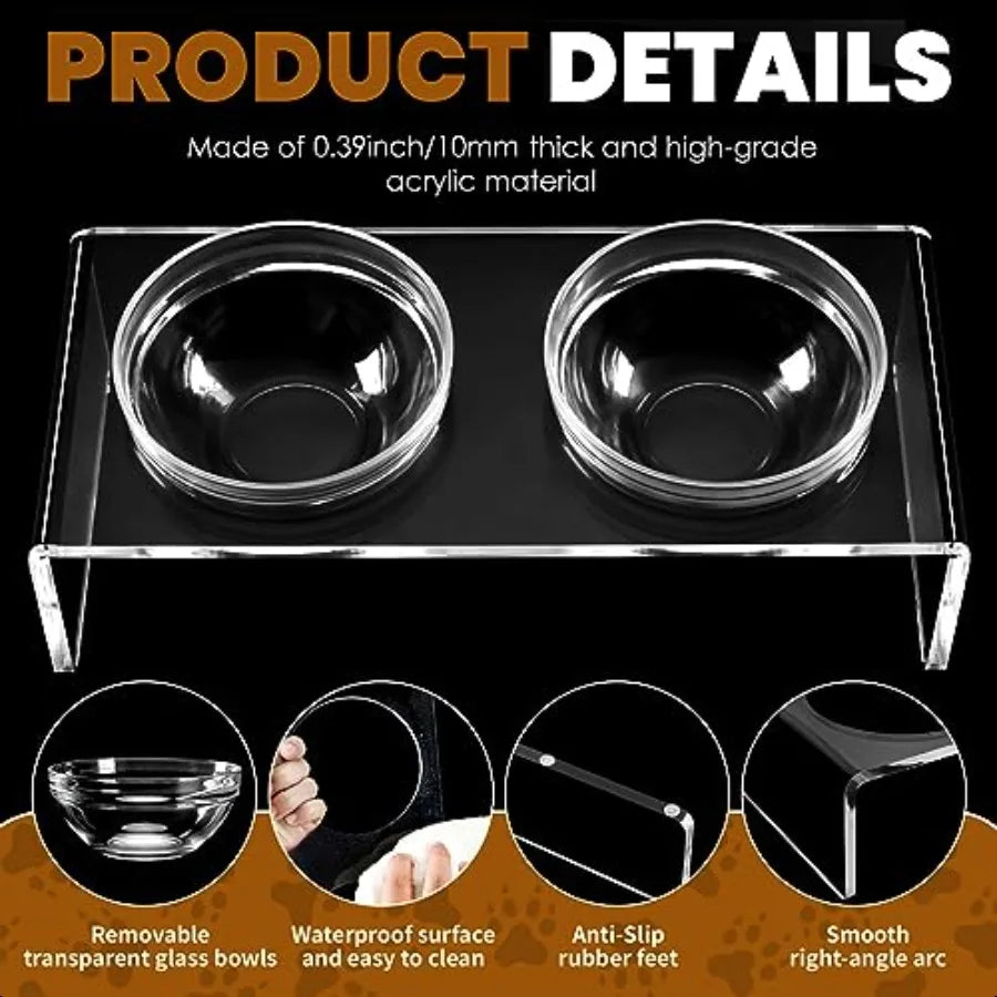 Acrylic Elevated Dog Cat Bowls Pet Feeder Double Bowl Raised Stand Comes with 2 Removable Glass Bowls and 2 Stainl Steel Bowls.