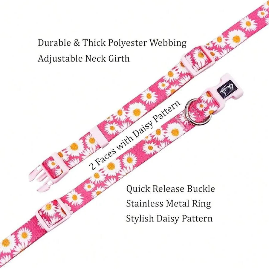 Collar And Leash Set, Cute Pink Daisy Pattern, Polyester Material, 5ft Leash, For Small Dogs. Small, Pink Daisy