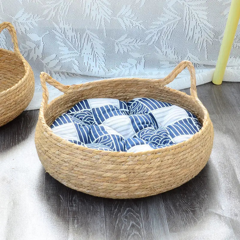 Rattan Weaving Cat Basket Pet Cat Bed With Cushion Soft Warm Puppy Kitten Bed Donut Round Comfortable Sleeping Cat House