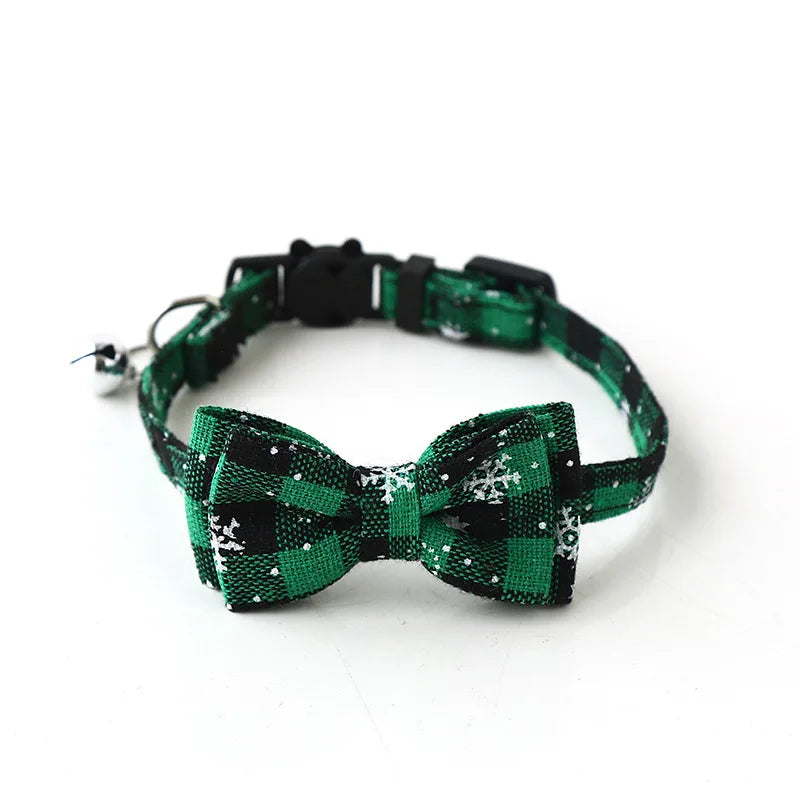 Christmas Bowknot Cat Small Dog Collar with Bell Plaid Snowflake Adjustable Breakaway Pet Puppy Kitten Buckle Necklace