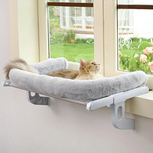 Adjustable Cat Window Sill Perch with Bolster, Easy Assemble Pet Hammock Bed for Large Cats and Kittens in Grey
