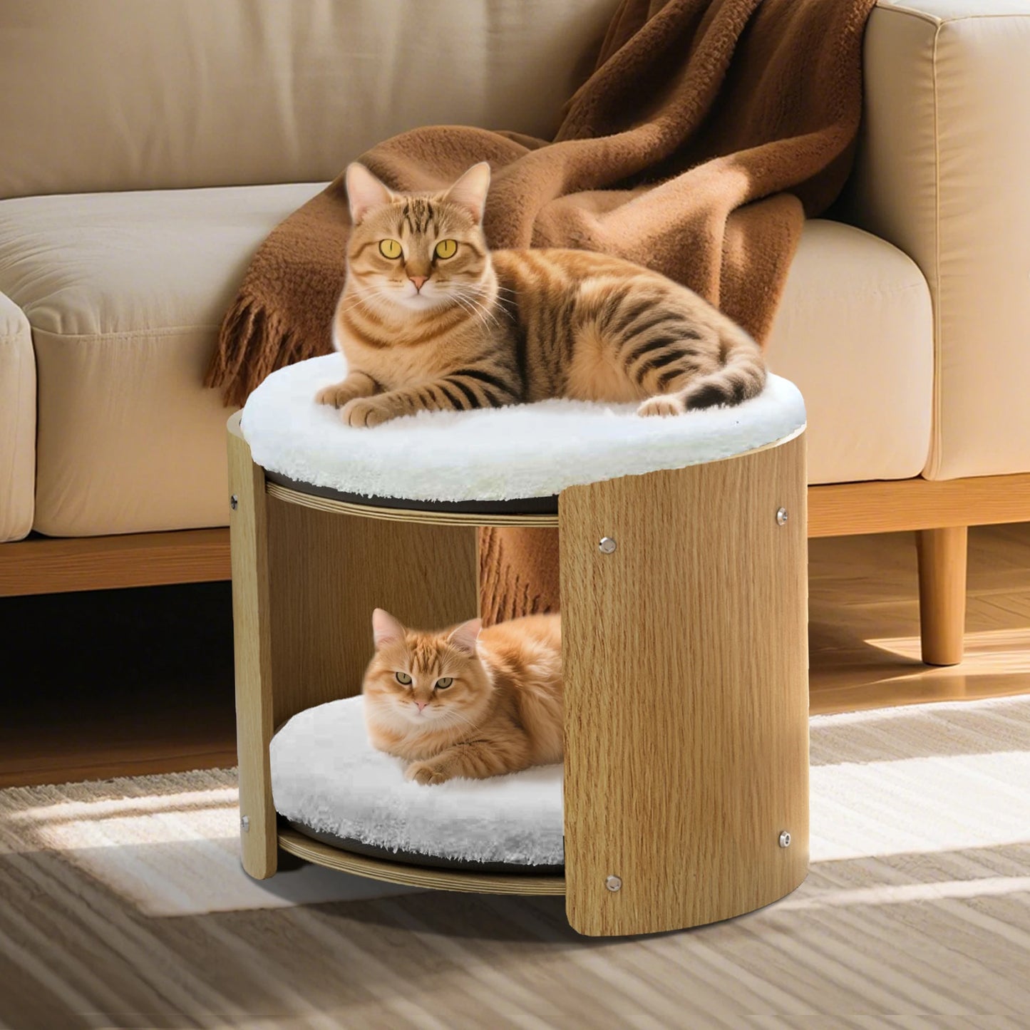 Elevated Cat Bed for Indoor Cats, 2-Tier Cute Small Cat Tree Tower with Natural Bamboo Frame, Removable Washable Soft Plush Mat