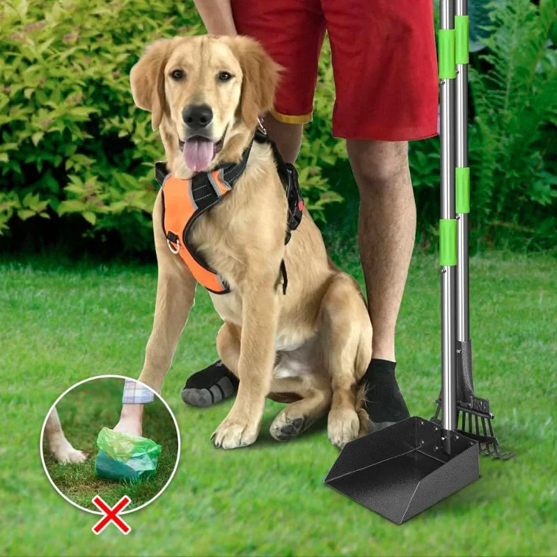 Dog Pooper Scooper Long Handle Stainless Metal Tray and Rake for Medium Small Dogs Heavy Duty Pet Supplies