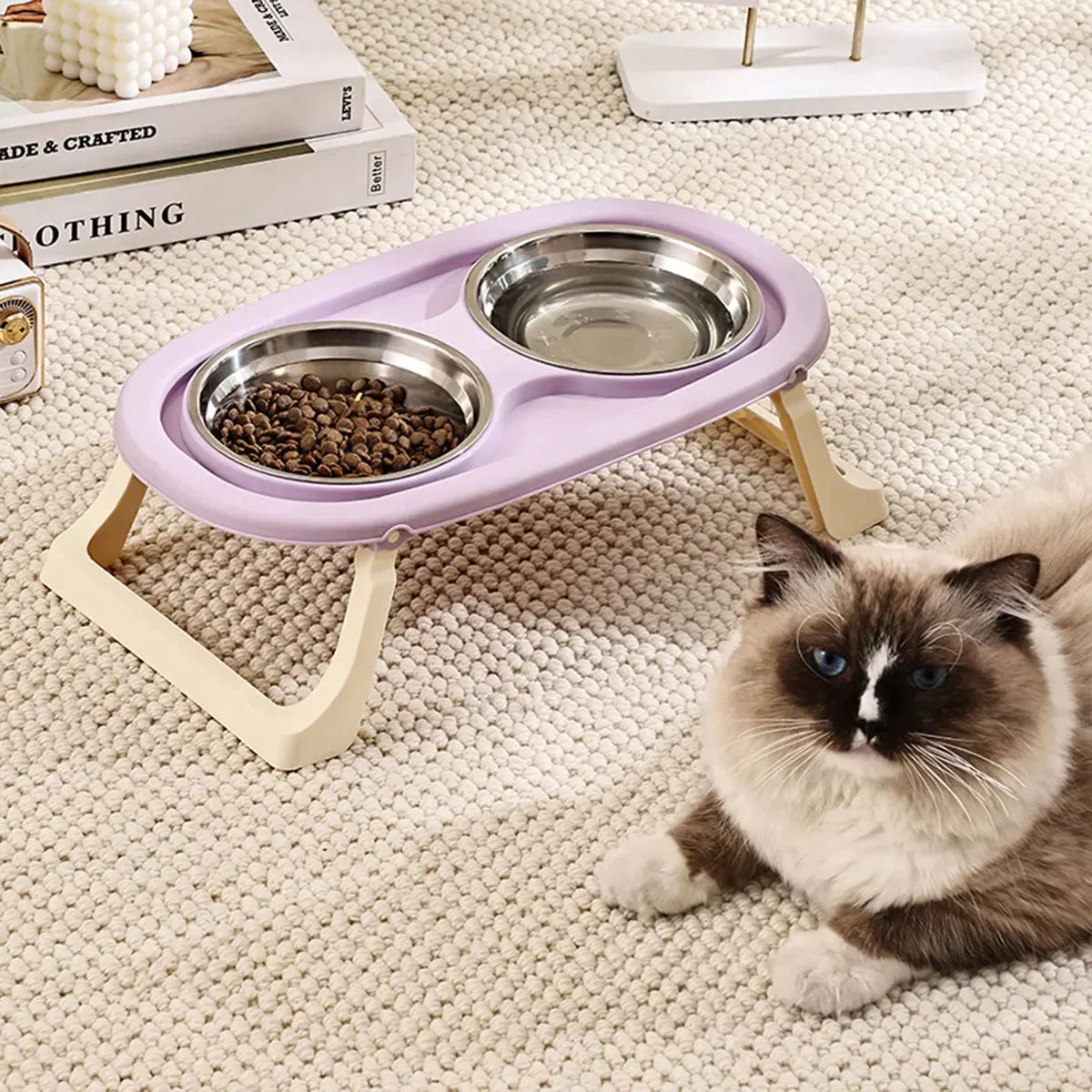 1PC Foldable Stainless Steel Pet Bowl Cat Food Bowl Cat Bowl Dog Food Bowl Neck Protection High Foot Double Bowl Cute bowl Dog