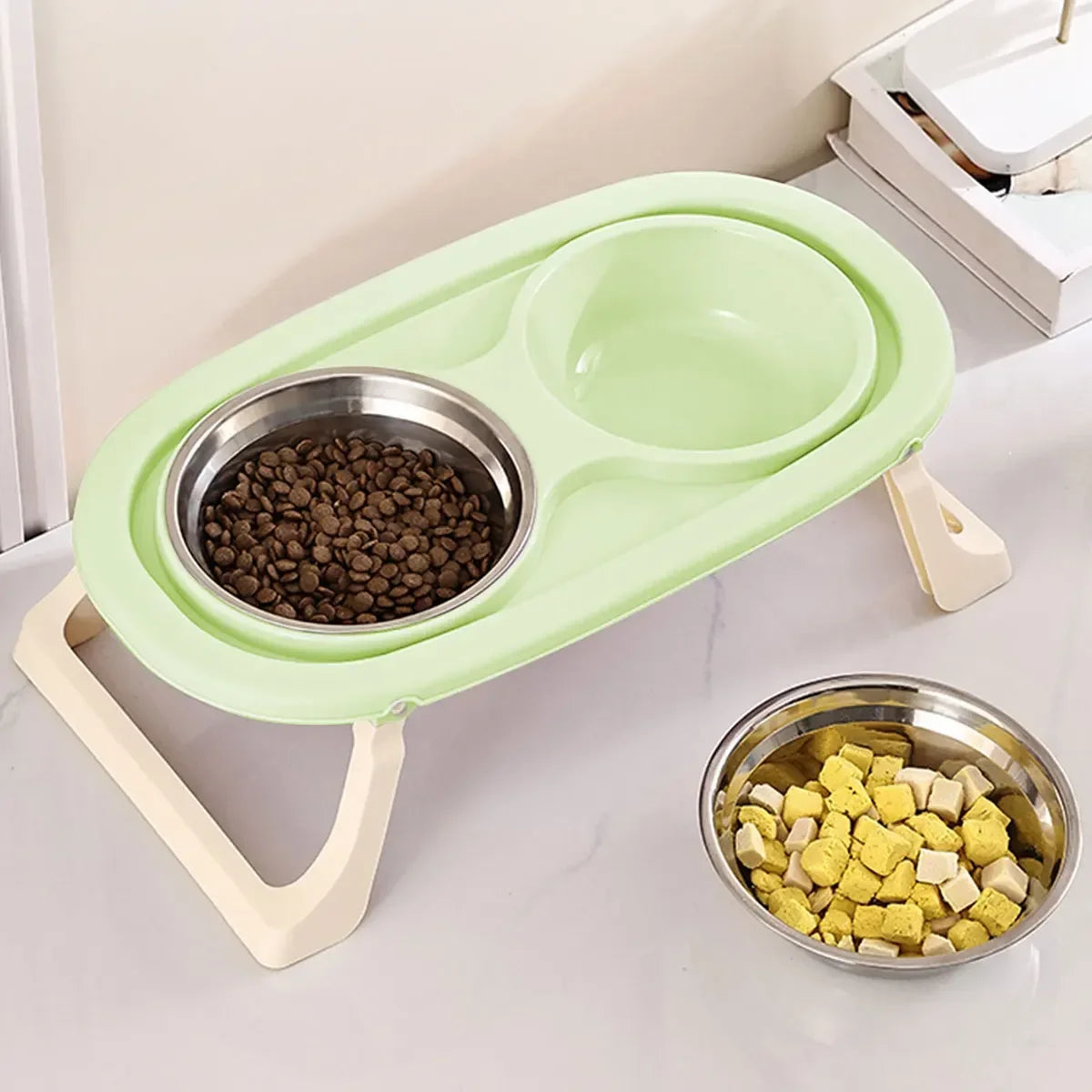 1PC Foldable Stainless Steel Pet Bowl Cat Food Bowl Cat Bowl Dog Food Bowl Neck Protection High Foot Double Bowl Cute bowl Dog