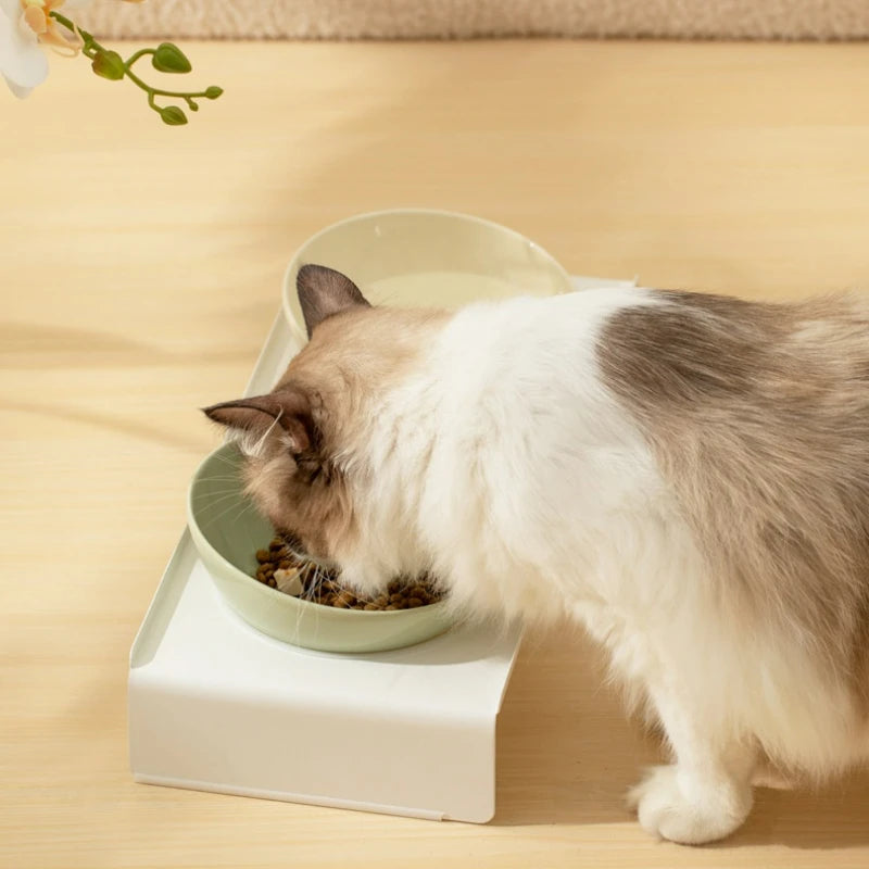 Ceramic Beveled Double Bowl Pet Cat Bowl Dog Drinking Bowl with Iron Frame Anti-Knock Neck Protection Pet Supplies Accessories