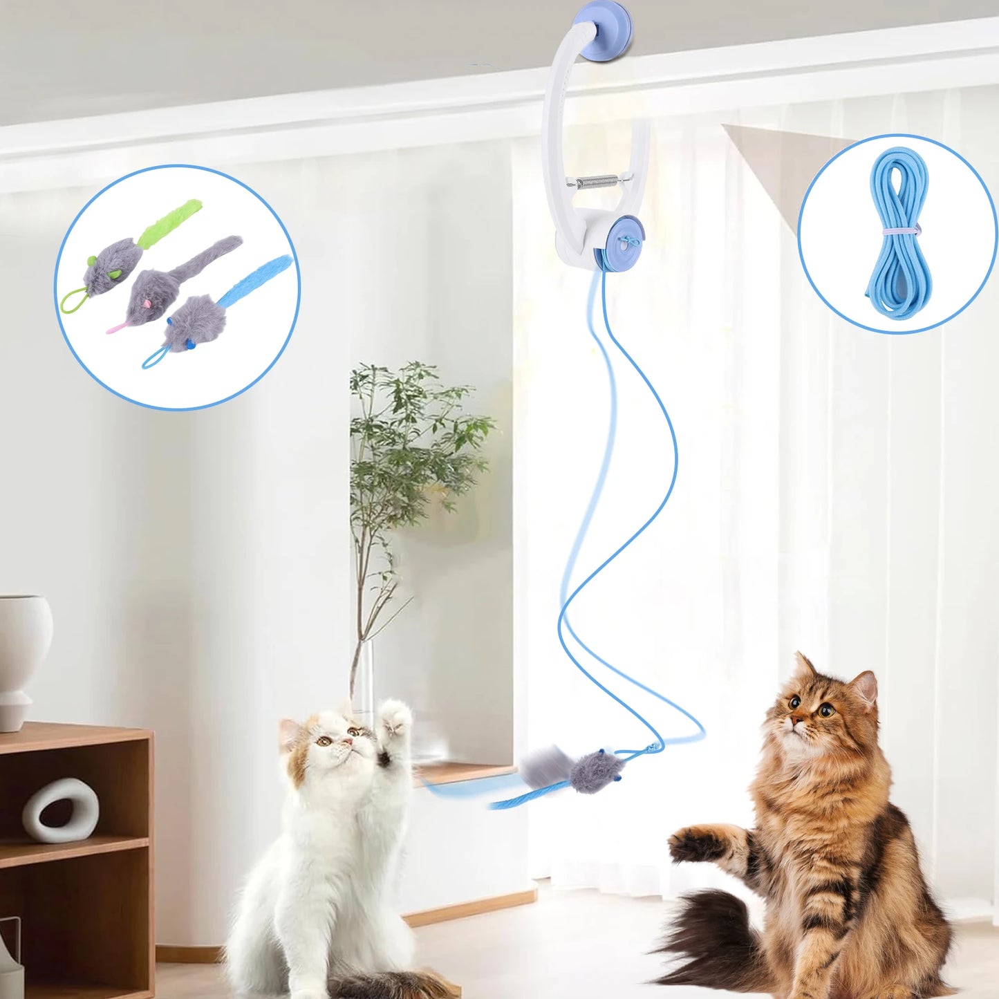 Automatic Retractable Cat Toys Door Hanging with 3 Catnip Mice Teaser Electronic Self Play Feather Cat Interactive Toy Cat Tease