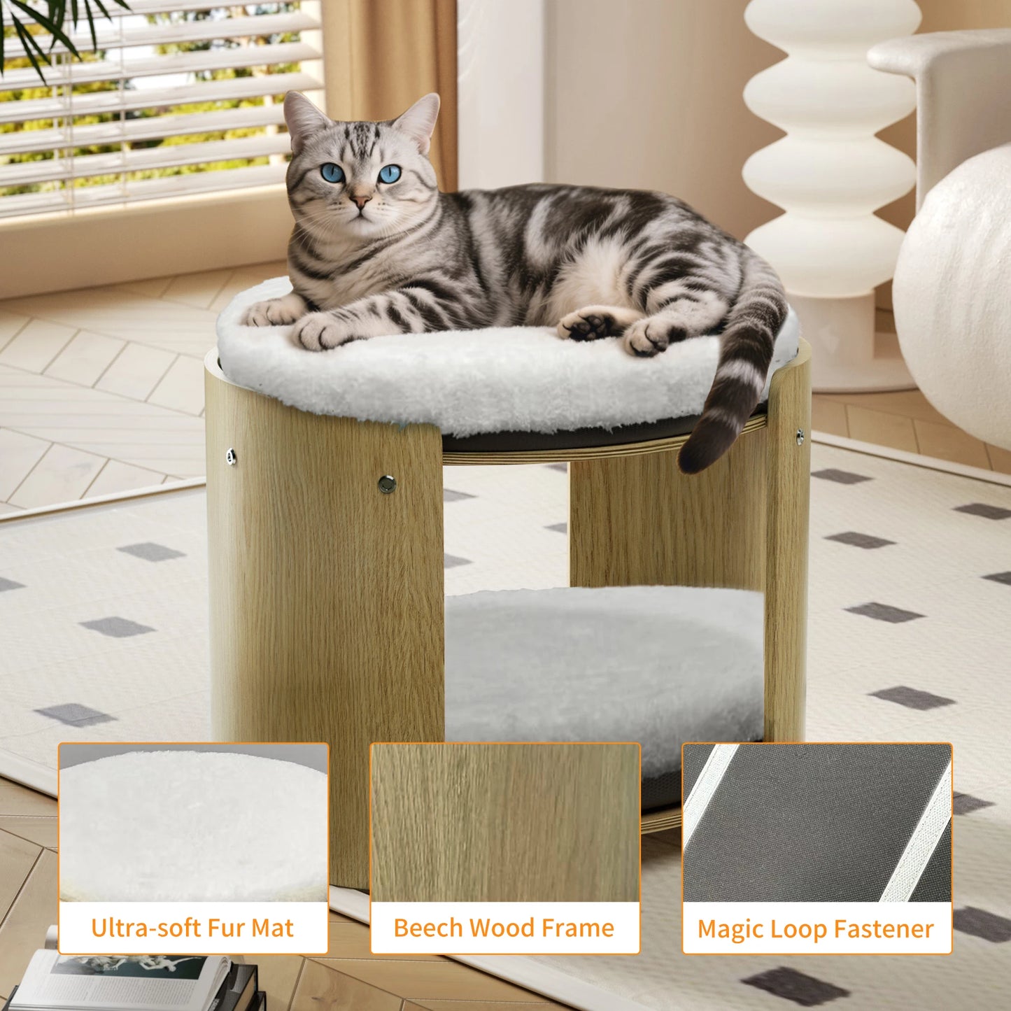 Elevated Cat Bed for Indoor Cats, 2-Tier Cute Small Cat Tree Tower with Natural Bamboo Frame, Removable Washable Soft Plush Mat
