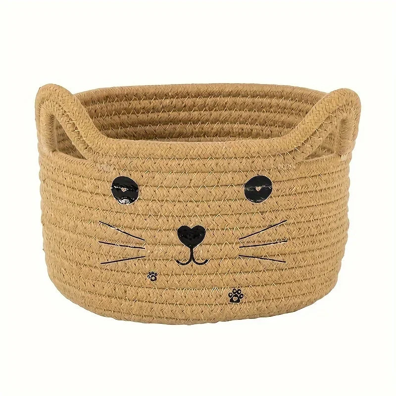 Cat Basket Storage Woven Basket Organizer with Ears Decorative Pet Toy Cute Cotton Rope Basket for Gift Cat Dog Toy Bin