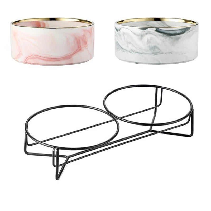 Ceramic Cat Bowl Double Marble Feeder for Dog Puppy with Raised Stand Non-Slip Feeding Food and Water Accessories Products #P021
