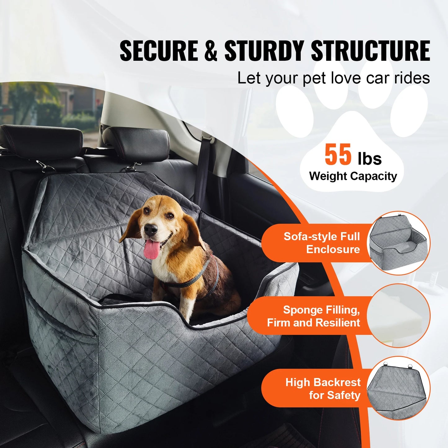 Dog Car Seat Dog Booster Seat for Car with A Storage Pocket Sponge Filling Car Bed for Medium Large Dog up to 55 lbs