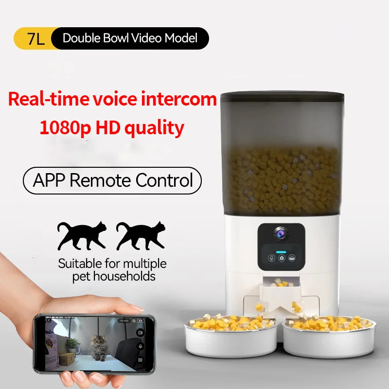 cat double bowl smart automatic feeder cat food dog food pet food dispenser 7L large capacity connect wifi timer dosing
