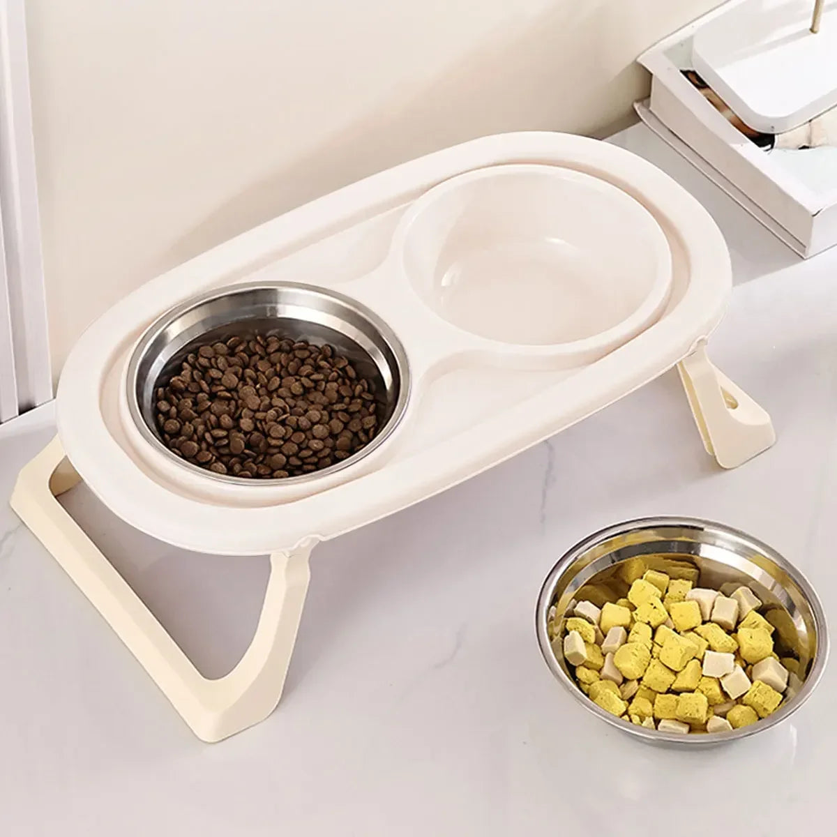 1PC Foldable Stainless Steel Pet Bowl Cat Food Bowl Cat Bowl Dog Food Bowl Neck Protection High Foot Double Bowl Cute bowl Dog