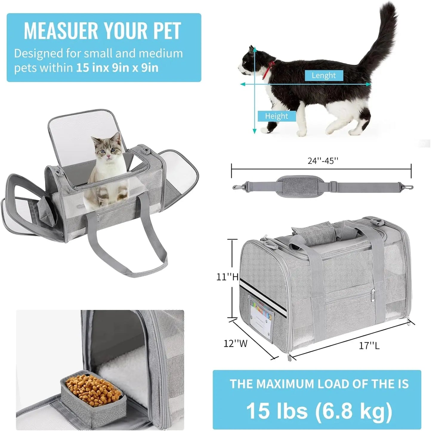 Soft Sided Cat Carrier for Small Cats & Puppies Up to 15 Lbs, Airline Approved, Collapsible Travel Carrier with Reflective Strip