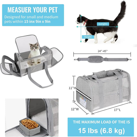 Soft Sided Cat Carrier for Small Cats & Puppies Up to 15 Lbs, Airline Approved, Collapsible Travel Carrier with Reflective Strip
