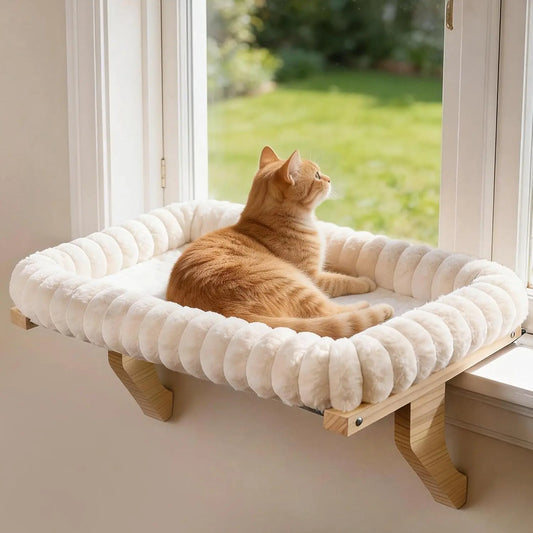 Large Cat Window Perch with Bolster, Natural Wood & Metal Frame, Adjustable Zipper Cushion Pet Bed for Windowsill
