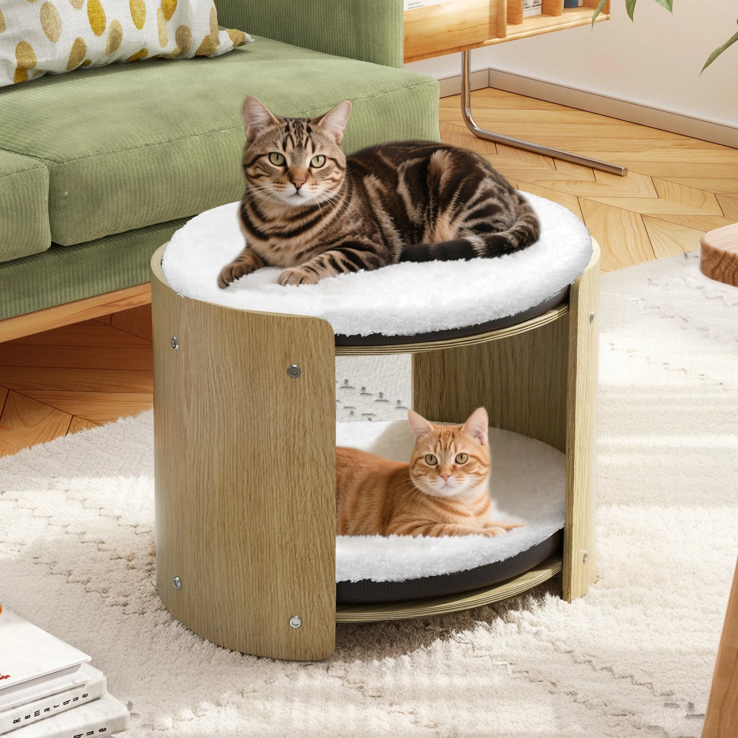 Elevated Cat Bed for Indoor Cats, 2-Tier Cute Small Cat Tree Tower with Natural Bamboo Frame, Removable Washable Soft Plush Mat