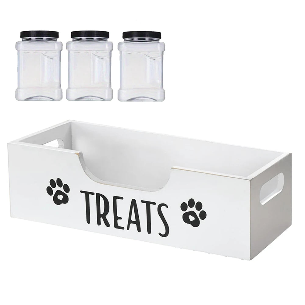 Wooden Dog Food Storage Holder with 3 Plastic Treat Jar Airtight Dog Treat Bin Large Capacity for Pet Gift Supply Accessories