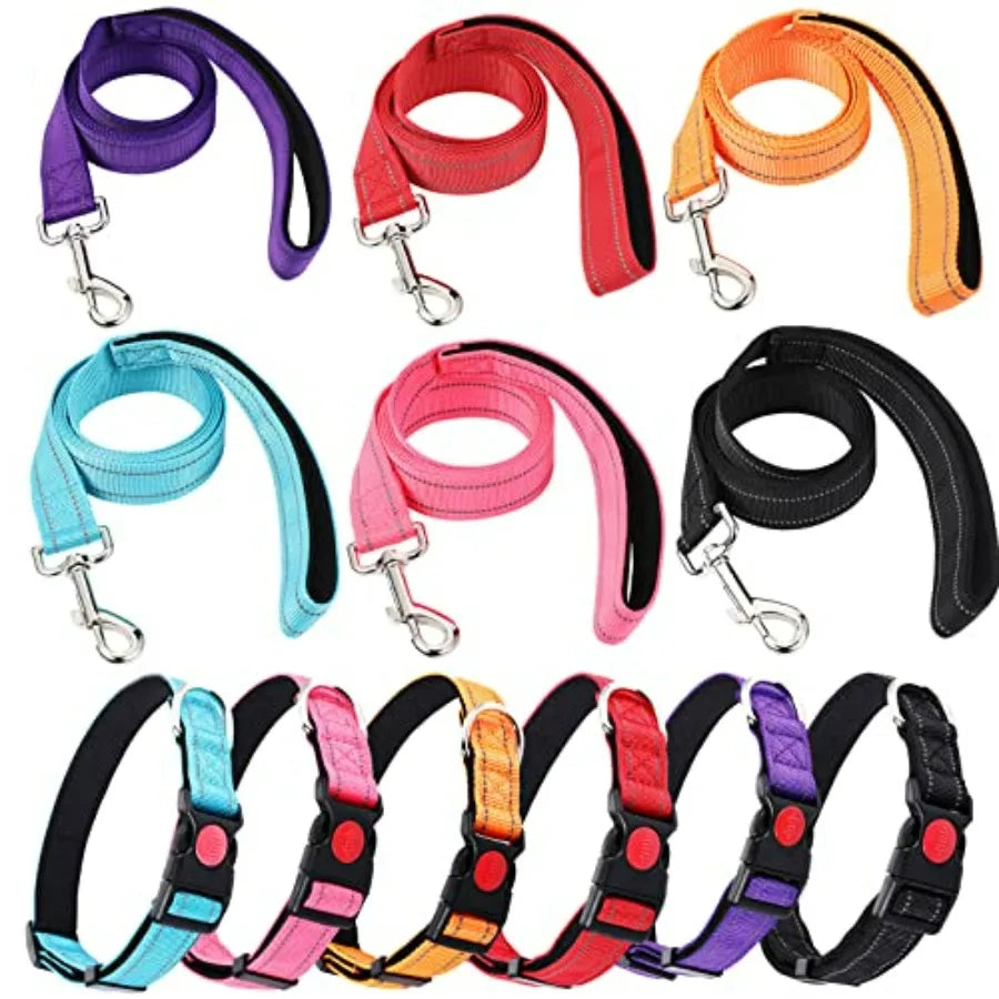 6 Sets Reflective Dog Leash and Collar Set, Nylon Leashes Adjustable Dog Collar Heavy Duty Padded Handle Leash for Small Medium